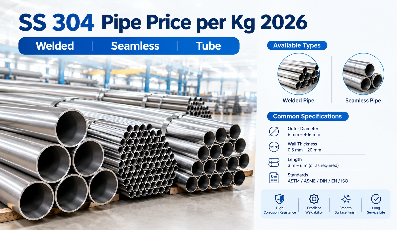 SS 304 Price per Kg. Today – Live Rate, 2026 SS 304 pipe price per kg 2026 welded seamless tube