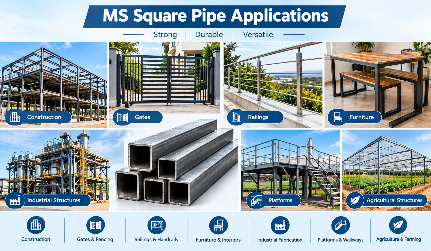 Tata MS Square Pipe Price List 2026 – Rate per Kg MS square pipe applications in construction and fabrication