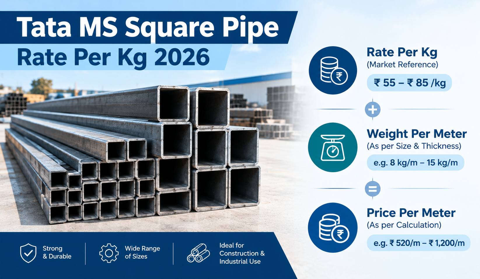 Tata MS Square Pipe Price List 2026 – Rate per Kg Tata MS square pipe rate per kg 2026