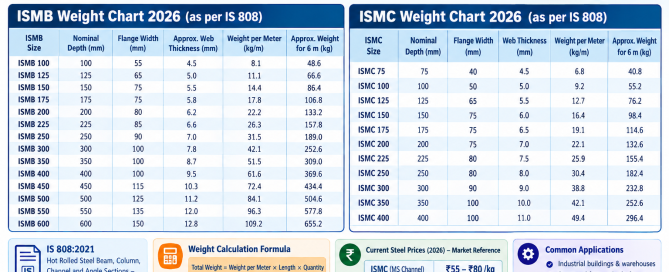 ISMB & ISMC Weight Chart 2026 – Kg/m as per IS 808