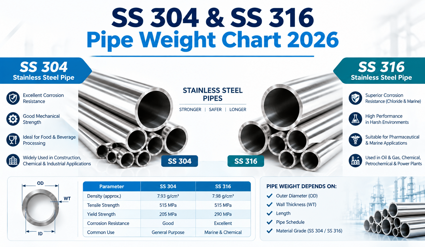 SS Pipe Weight Chart 2026: Sizes, Weight Calculator, Formula, Price & PDF SS 304 and SS 316 pipe weight chart 2026