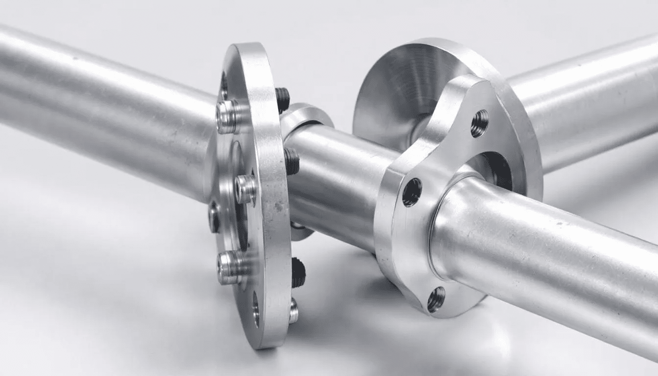 The image depicts a split flange assembly, with two halves being carefully positioned around an exhaust pipe, showcasing the mild steel construction. This setup is ideal for creating a secure connection and requires welding for installation, making it suitable for various automotive applications.