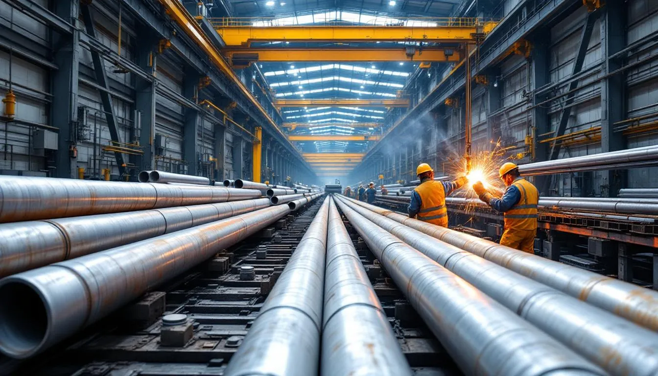 The image depicts a manufacturing facility where galvanized iron pipes, including ERW pipes and square hollow pipes, are in various stages of production. The scene showcases different sizes and grades of pipes, highlighting their wall thickness, outer diameter, and zinc coating, which are essential for determining their specifications and weight as per the gi pipe weight chart.