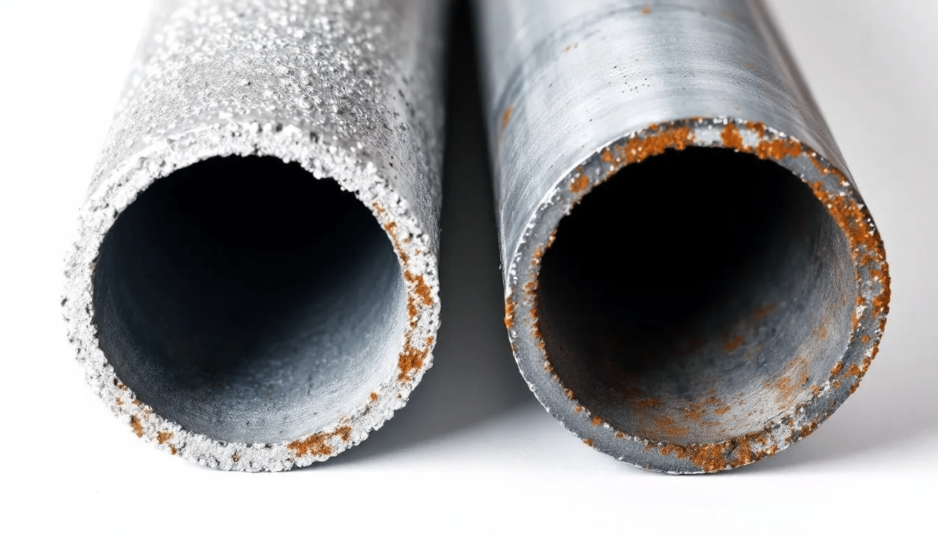 The image shows a side-by-side comparison of galvanized and uncoated steel pipes, highlighting their surface differences; the galvanized pipe features a shiny zinc coating that protects against corrosion, while the uncoated pipe has a duller finish. Both pipes are displayed with visible wall thickness and outer diameter measurements to illustrate their specifications.