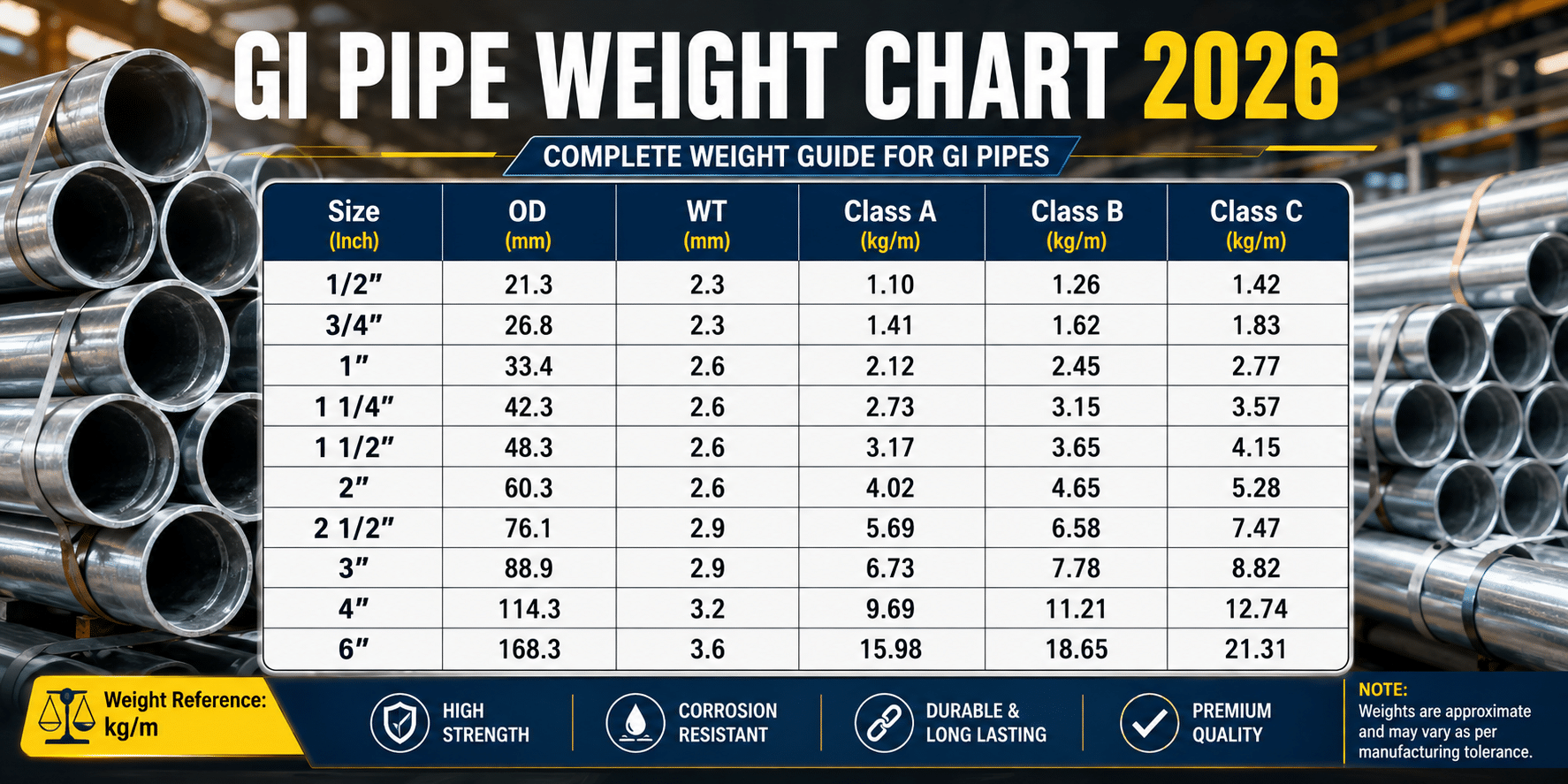 GI pipe weight chart for Class A Class B and Class C